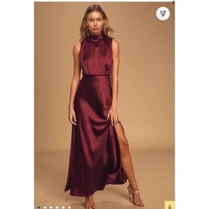 Classic Elegance Wine Satin Sleeveless Mock Neck Maxi Dress- Like New
